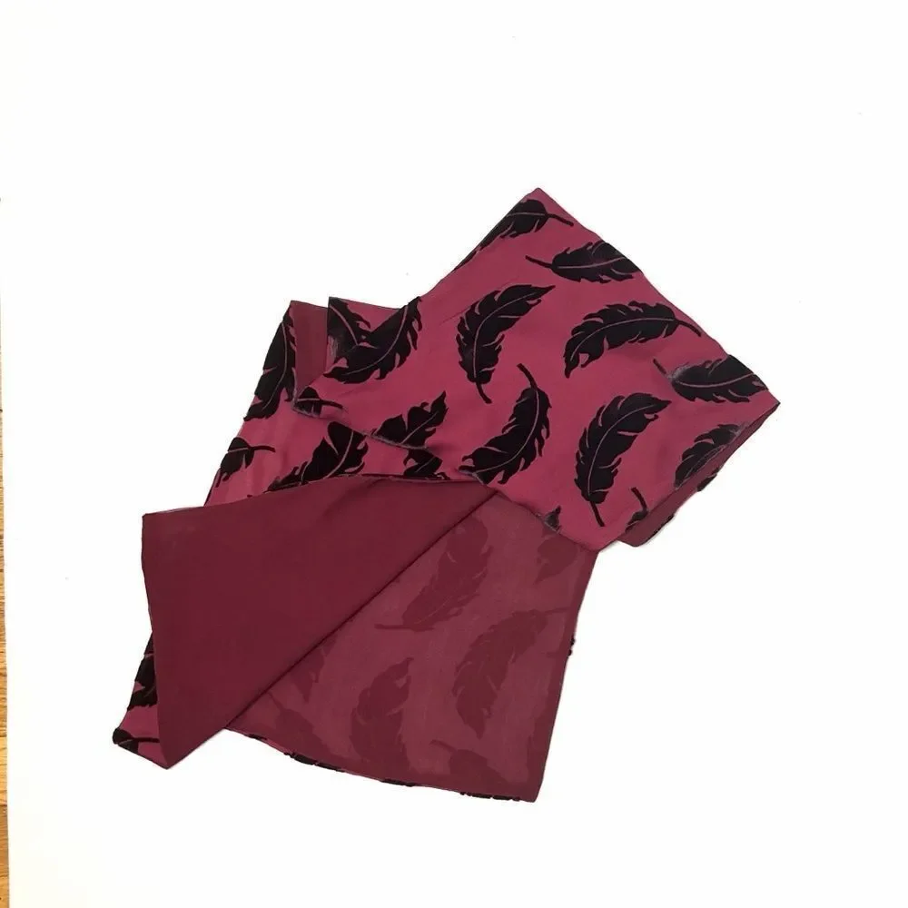 Elaine Gold Lined Scarf Rayon Silk Blend Burnout Velvet Burgundy Black Feathers